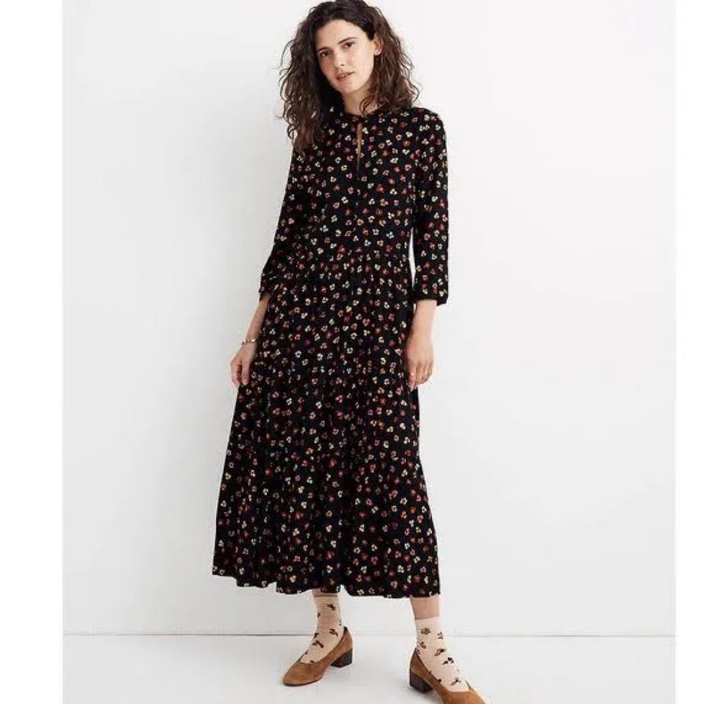 Madewell Button-Front Tier Midi Dress in Feline Floral Size Small cottage core